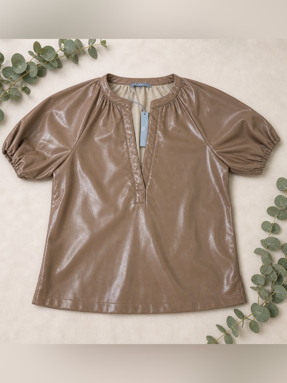 Tart Faux Leather Puff Sleeve Top Brown Vegan Leather Blouse XS